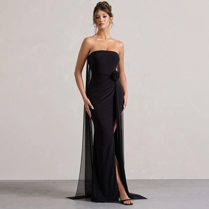 Damen elegantes langes Kleid mit transparenten Ärmeln Sovae