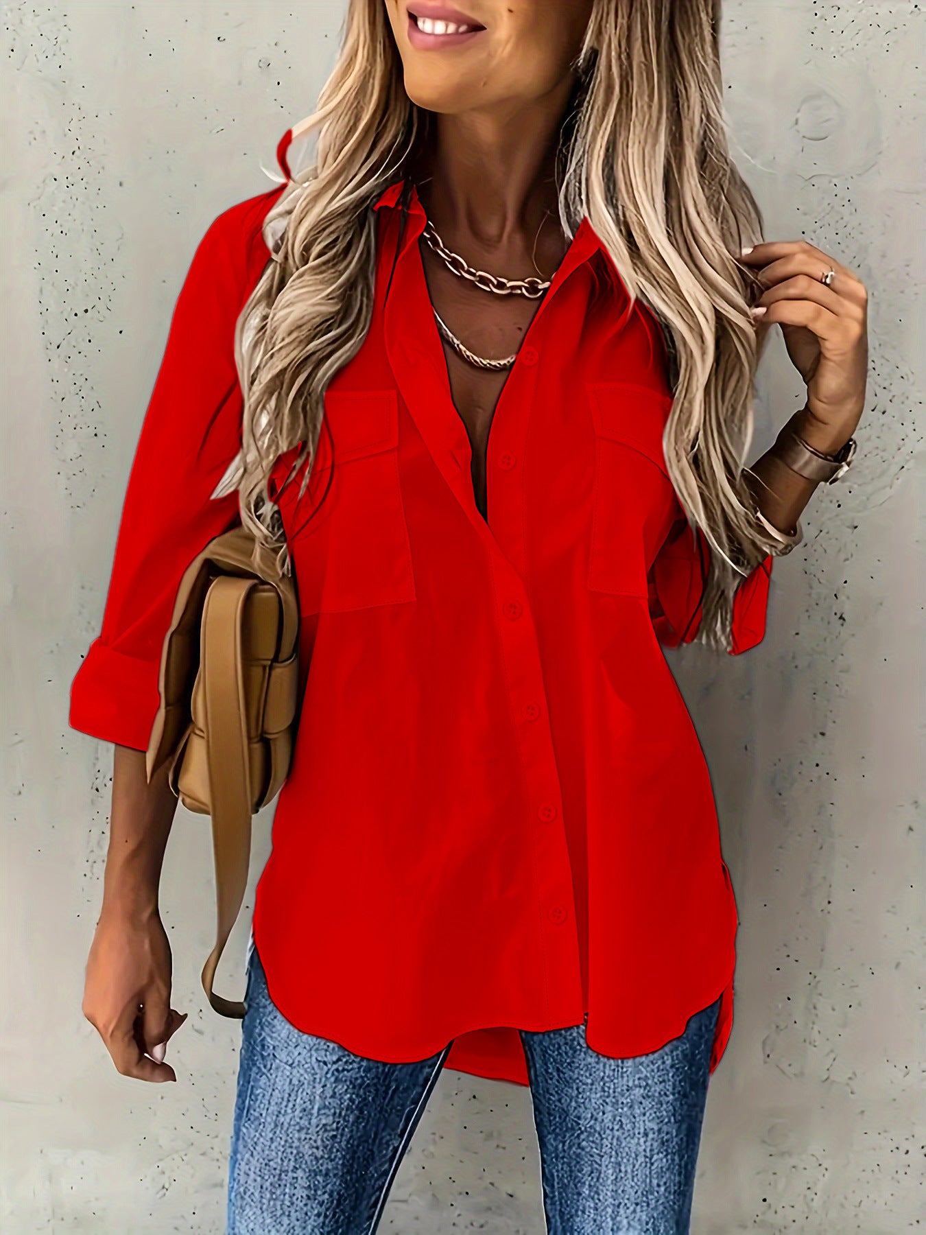 Damen stilvolle Hemdbluse mit Tasche Sovae