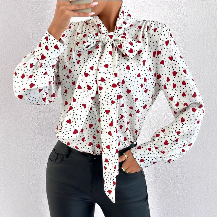 Damen Bluse mit Schleifenkragen und Herzmuster Sovae