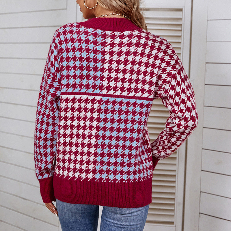Damen kuscheliger Strickpullover mit trendigem Karomuster und weitem Schnitt Sovae