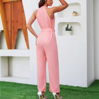 Damen Eleganter Jumpsuit mit hochgeschlossenem Kragen und Taillengürtel Sovae