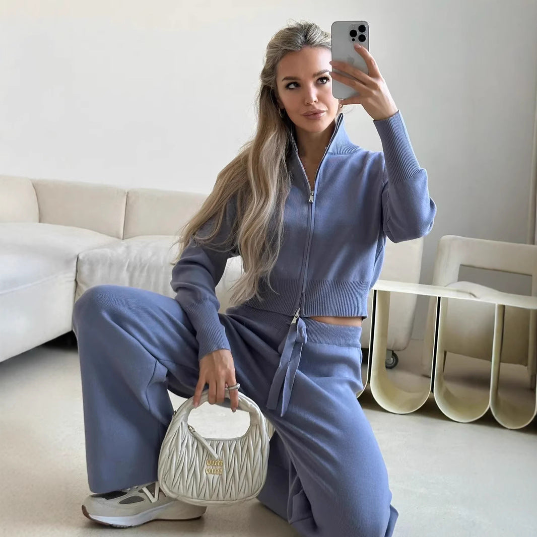 Damen lockerer Strick-Loungewear-Anzug mit hohem Kragen Sovae