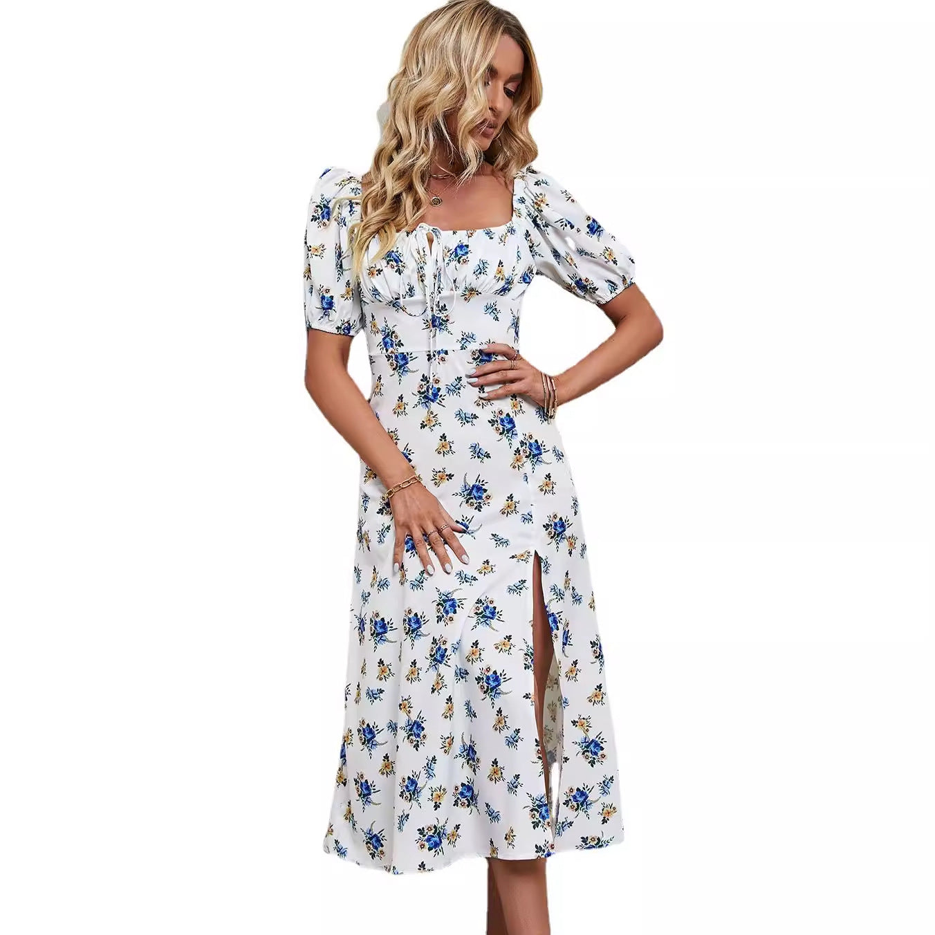 Damen elegantes Midikleid mit Rüschendetails und floralem Design Sovae