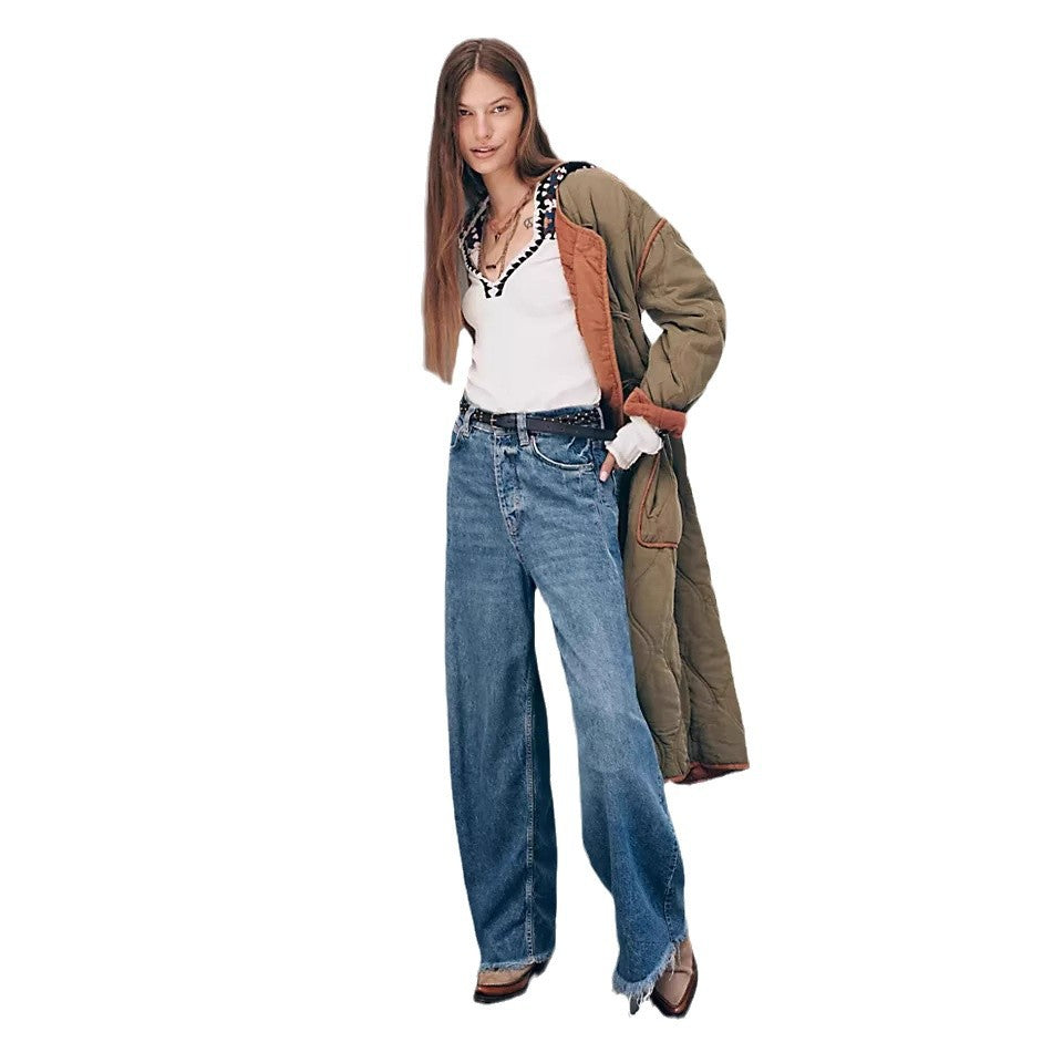 Damen Weit geschnittene Denim-Jeans mit fransigen Säumen Sovae