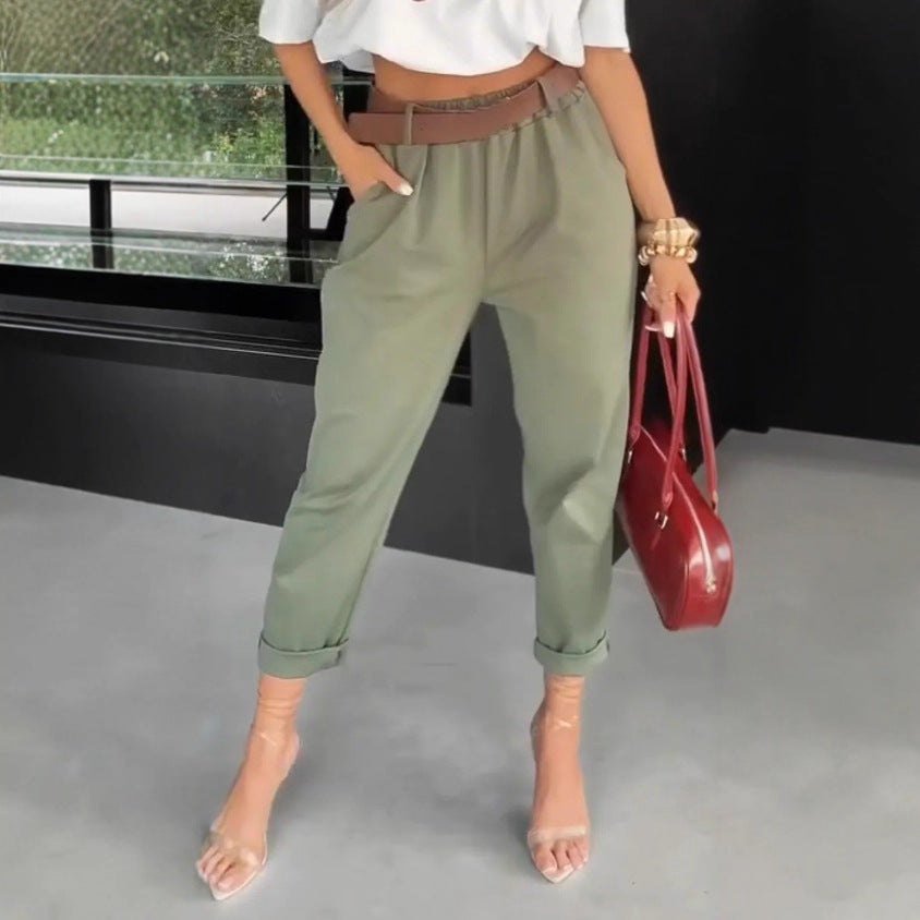 Damen elegante Baumwollhose mit hoher Taille und lässigen Falten Sovae