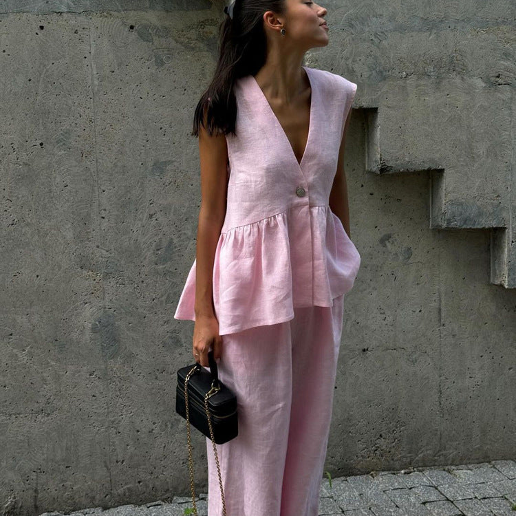 Damen eleganter und luftiger Hosenanzug mit tiefem V-Ausschnitt Sovae