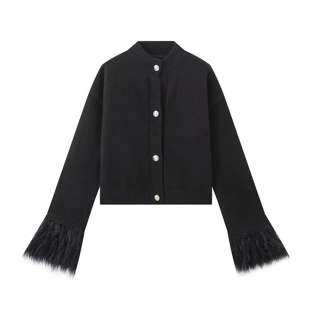 Damen Strickjacke mit fransigen Ärmeln und Knopfdetail Sovae