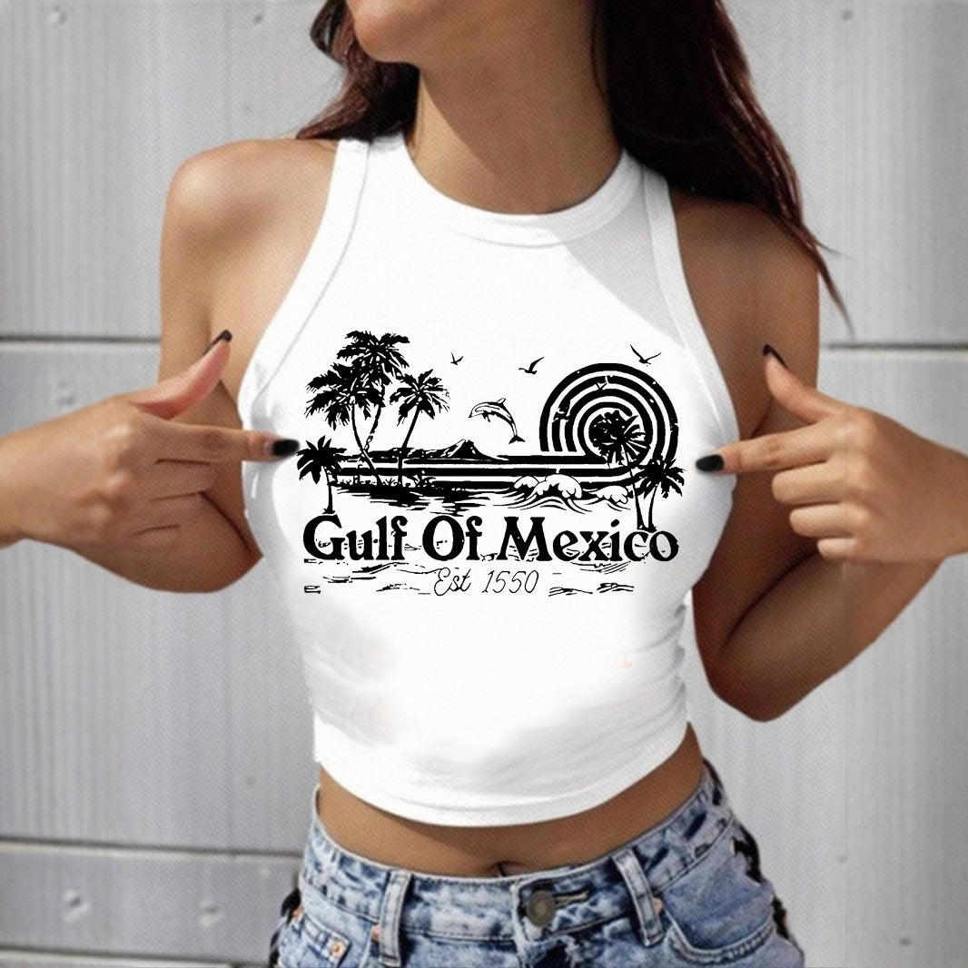 Damen Sportliches Cropped Tanktop mit Cocktailmotiv Sovae