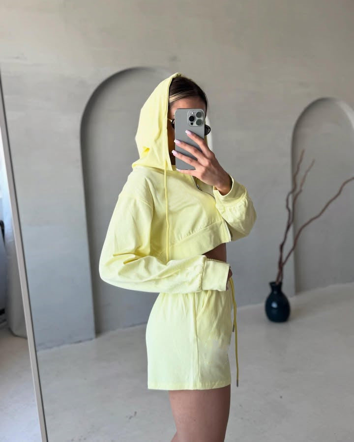 Damen Freizeit-Crop-Set mit Hoodie und Shorts Sovae
