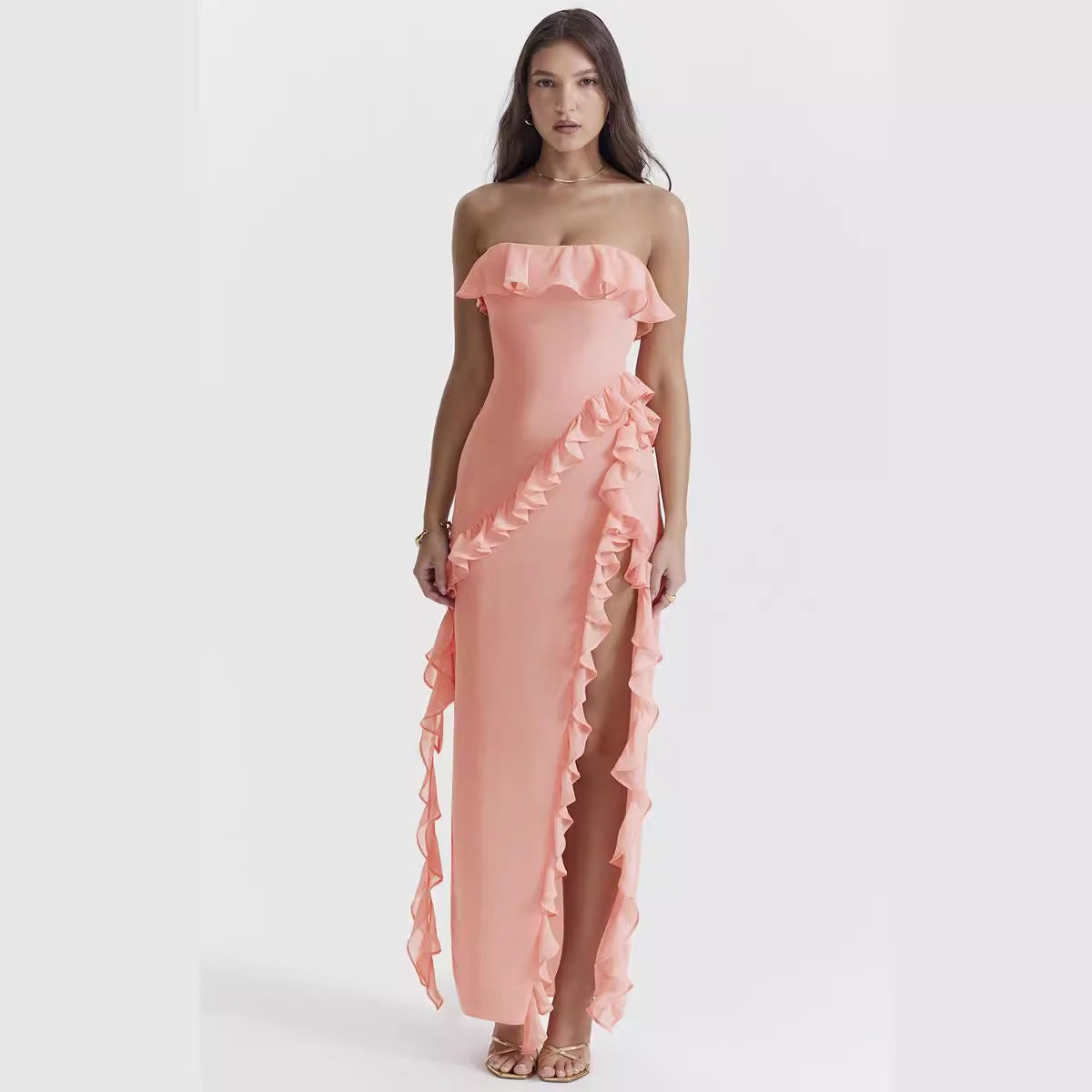 Damen elegantes, schulterfreies Maxikleid mit Rüschendetails Sovae