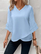 Damen V-Ausschnitt Bluse mit transparenten Puffärmeln Sovae