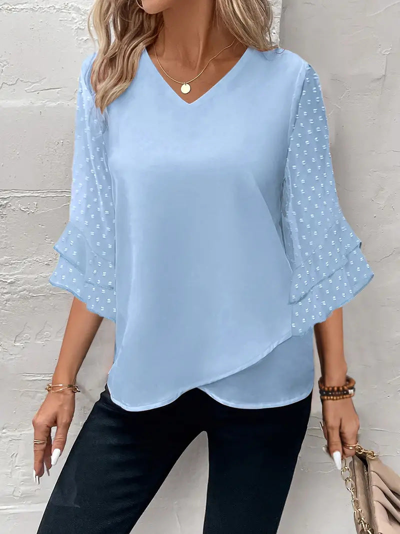 Damen V-Ausschnitt Bluse mit transparenten Puffärmeln Sovae