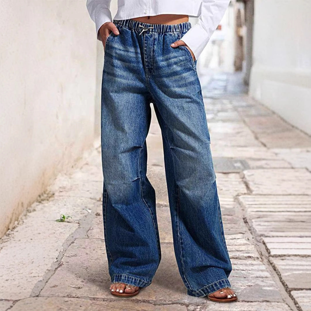 Damen weite High-Waist Denim-Hose mit elastischem Bund Sovae