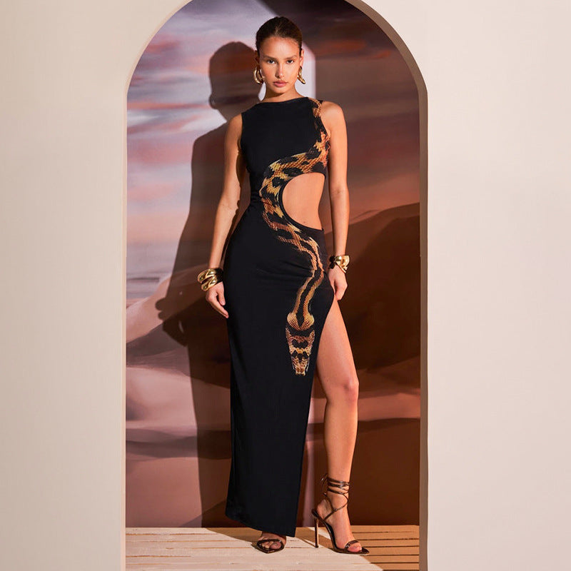 Damen Maxikleid mit figurbetonter Silhouette und künstlerischem Schlangendruck Sovae