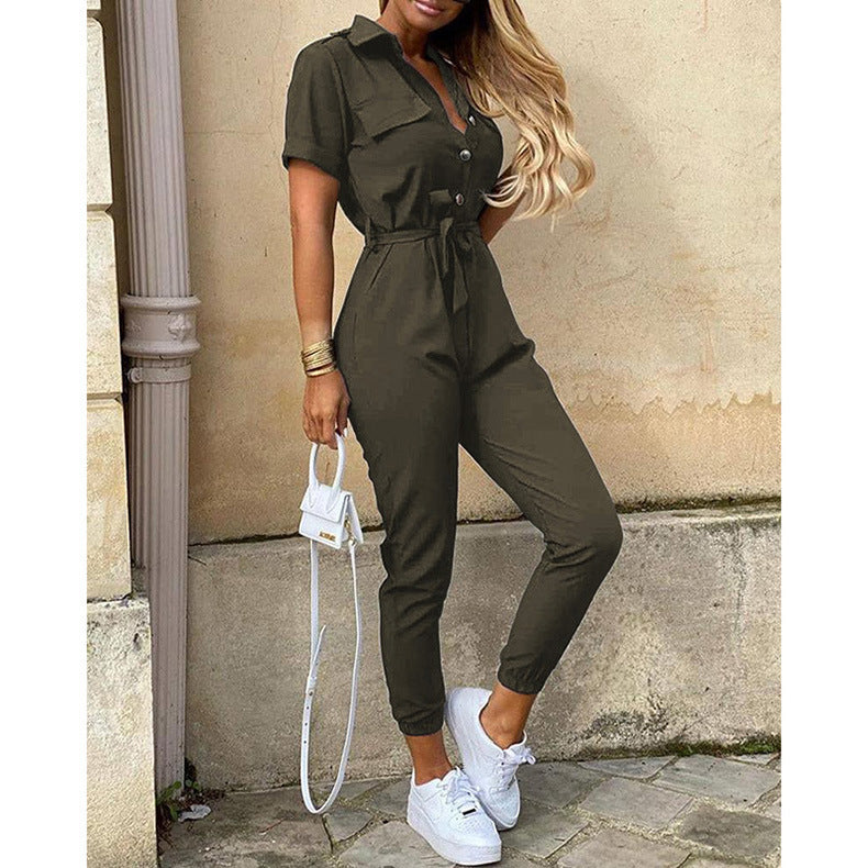 Damen lässiger Kurzarm Jumpsuit mit Taillengürtel Sovae