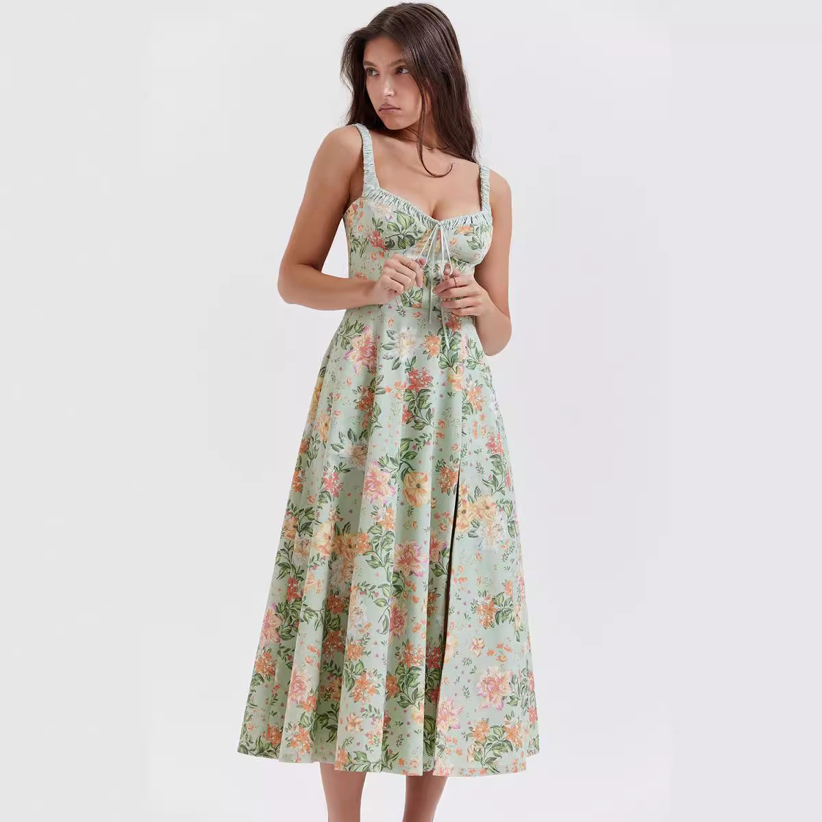 Damen Blühendes Sommer-Maxi-Kleid mit Spitze und gerafftem Oberteil Sovae