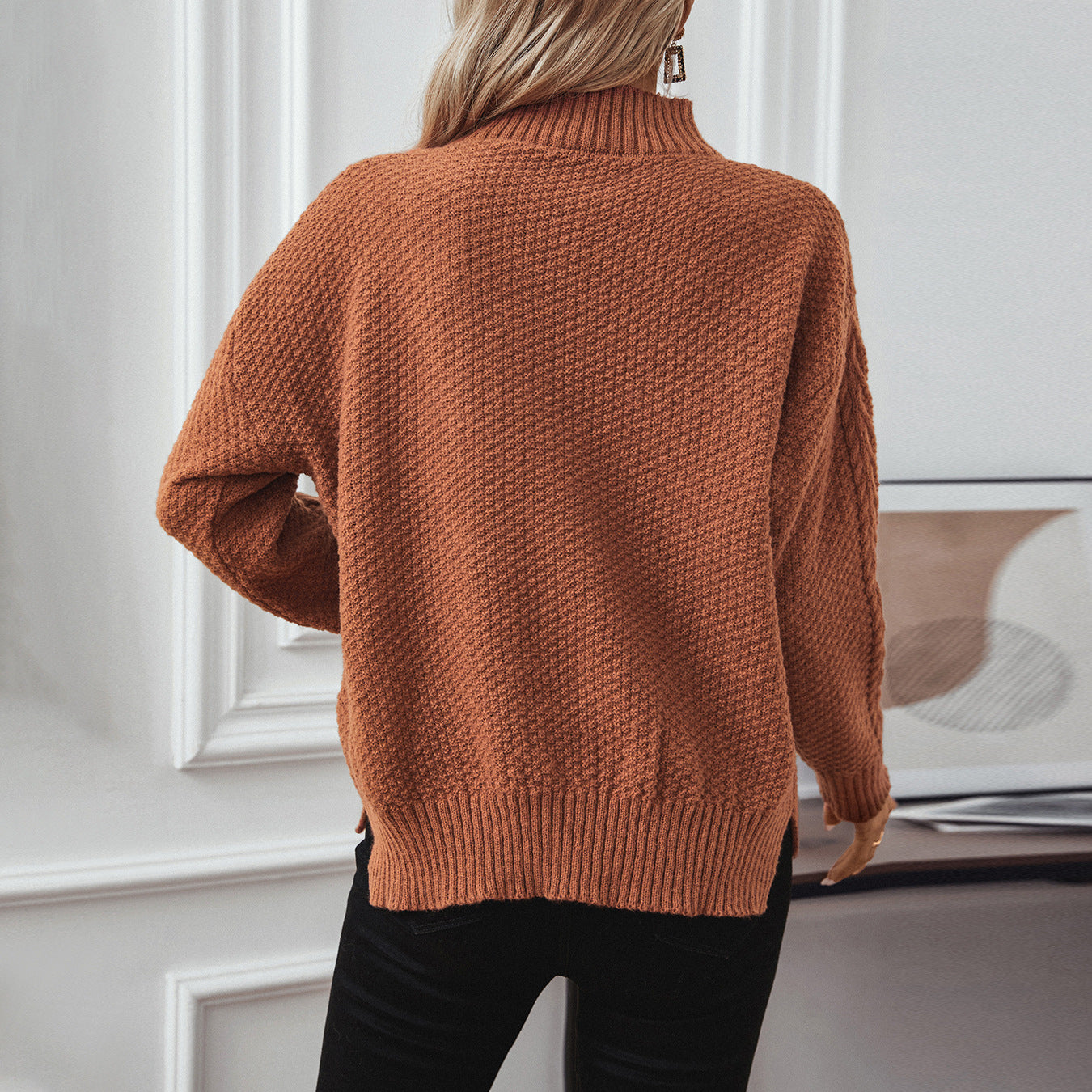 Damen Strickpulli mit auffälligem Zopfmuster und hohem Kragen Sovae