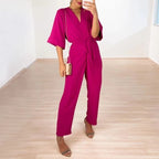 Damen eleganter Jumpsuit mit tiefem V-Ausschnitt und Taillenbindung Sovae