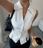 Damen Modische Bluse mit vertikalen Streifen und Knopfdetails Sovae