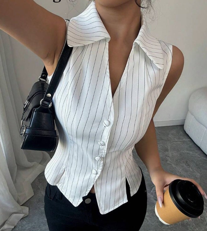 Damen Modische Bluse mit vertikalen Streifen und Knopfdetails Sovae