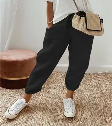 Damen bequeme Leinenhose mit elastischem Bund Sovae