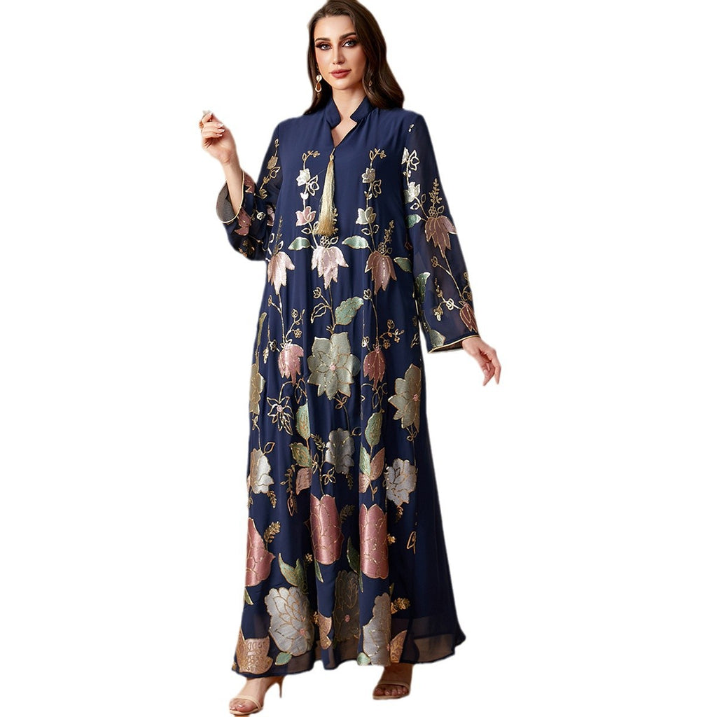 Damen Lange Kaftan-Robe mit floralen Stickereien Sovae