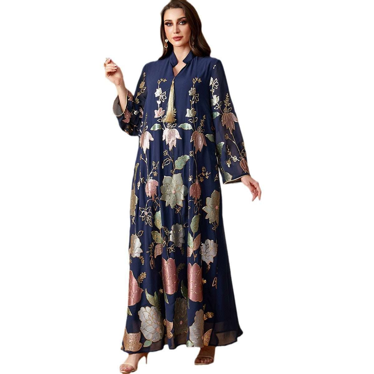 Damen Lange Kaftan-Robe mit floralen Stickereien Sovae