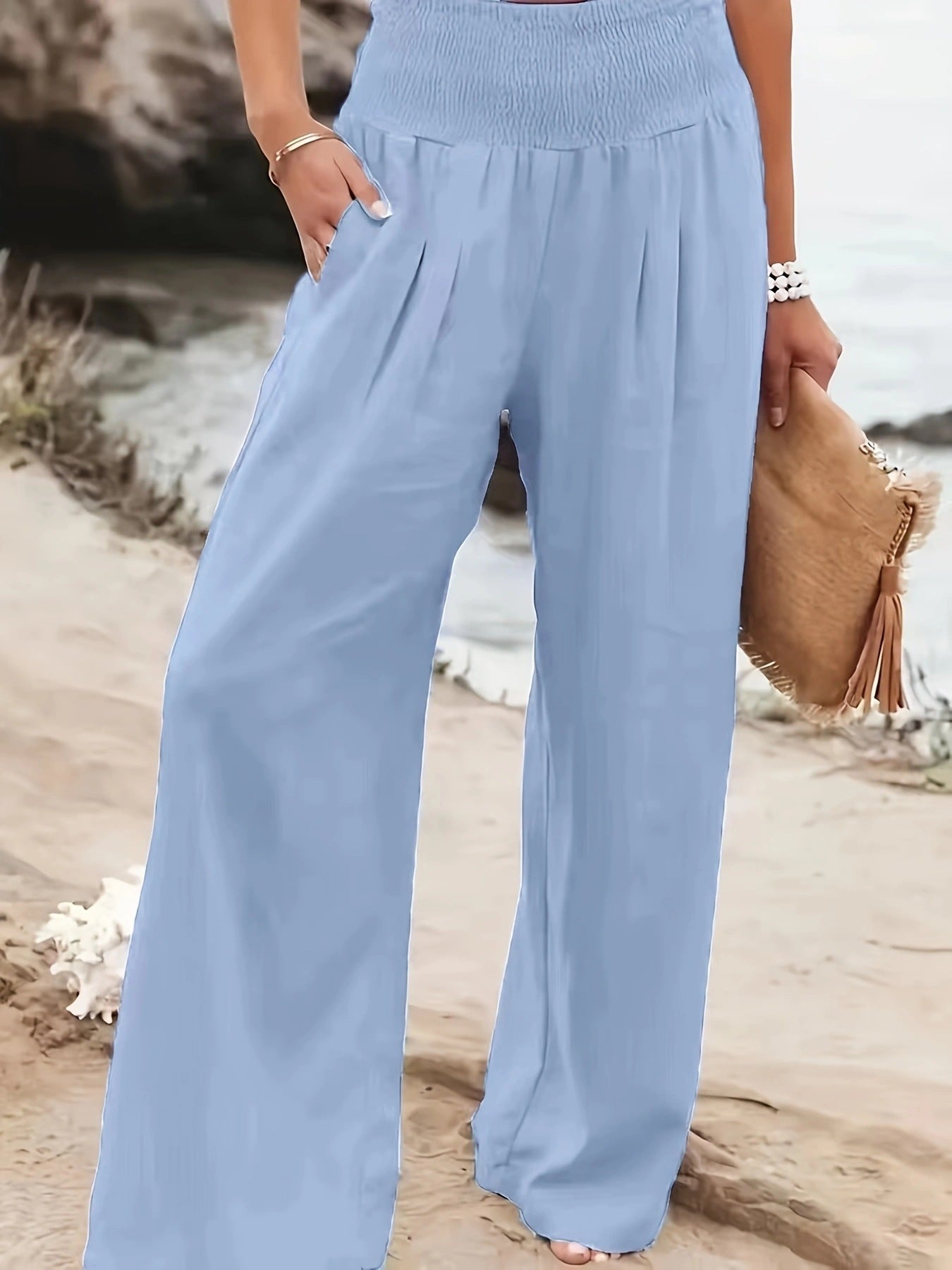 Damen Weite Leinenhose mit Elastikbund Sovae