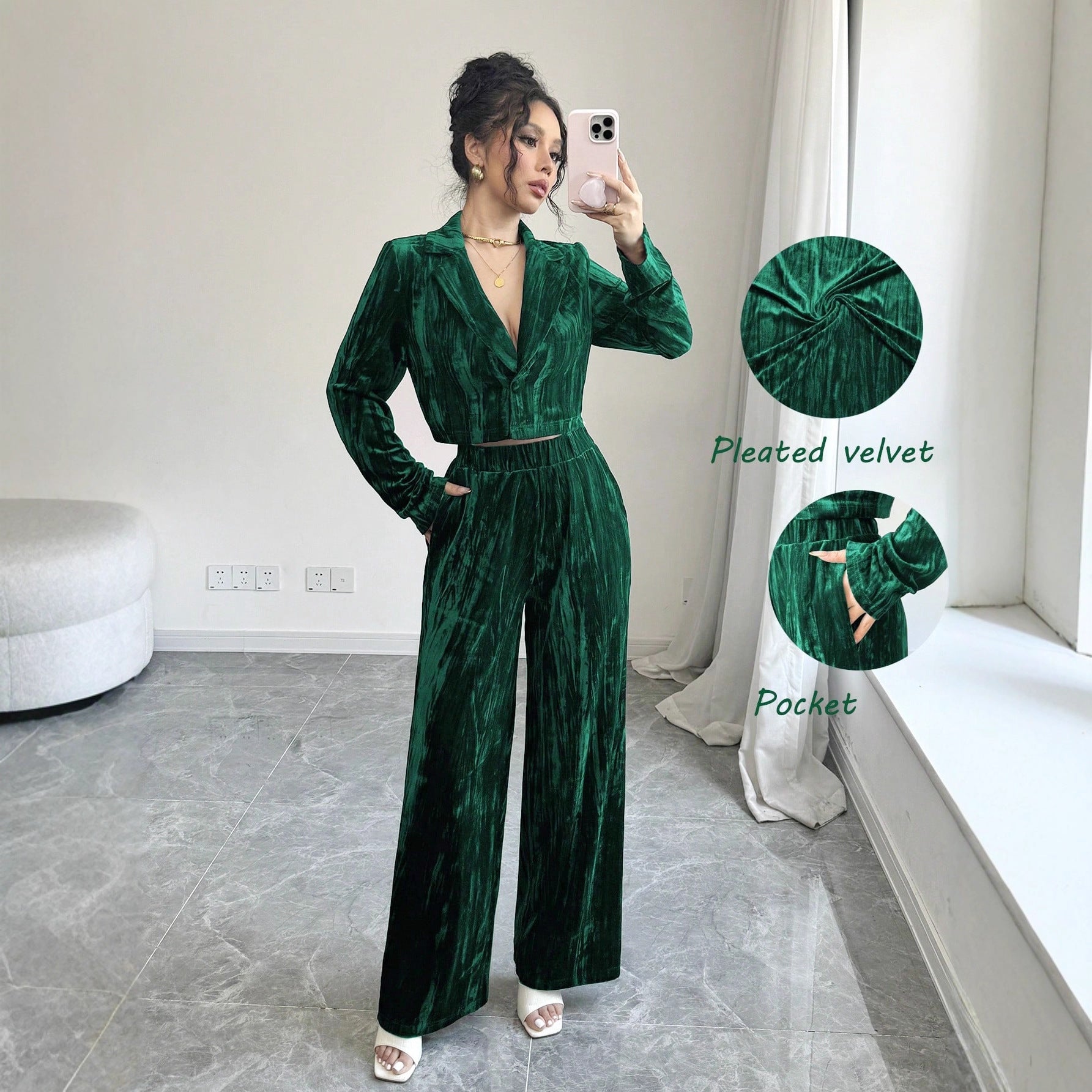 Damen eleganter Velours Jumpsuit mit seitlichem Reißverschluss Sovae