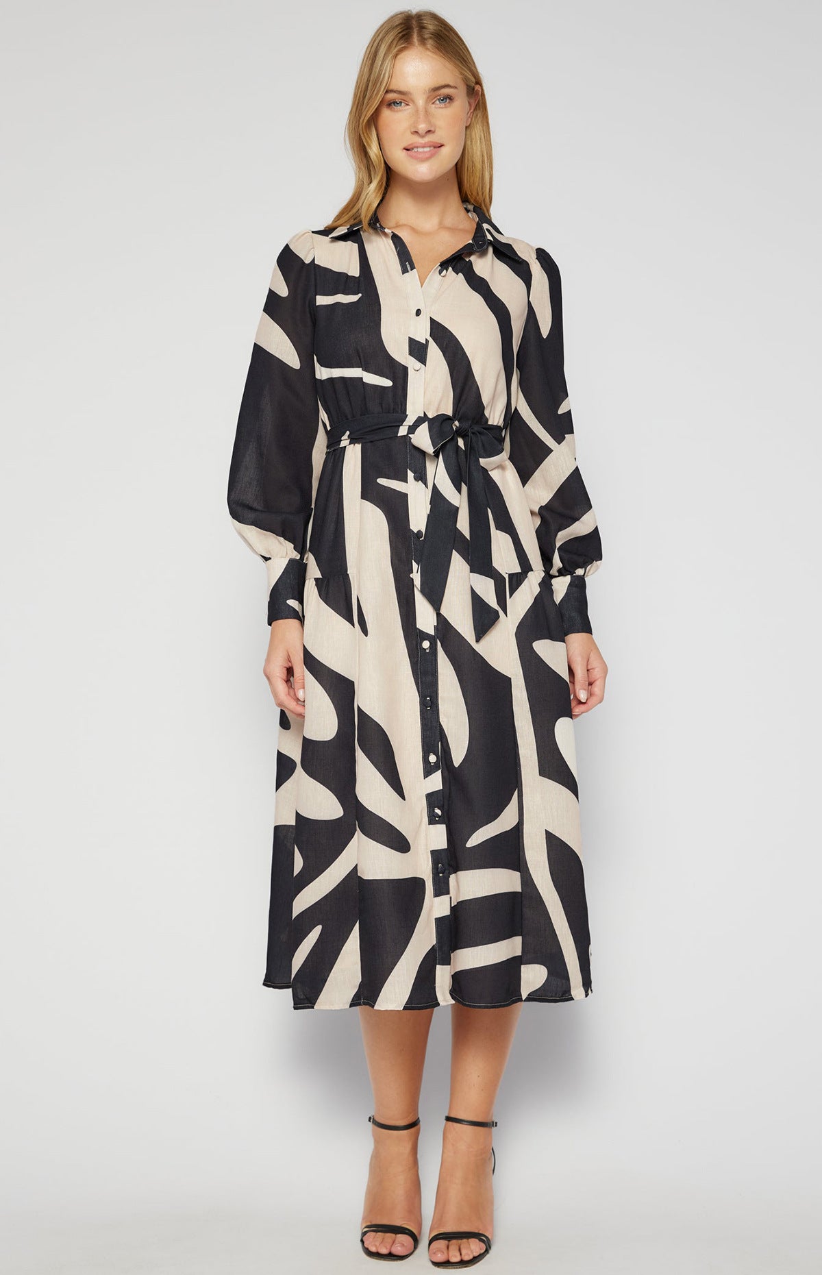 Damen Midi-Kleid mit tailliertem Gürtel und modernem Muster Sovae