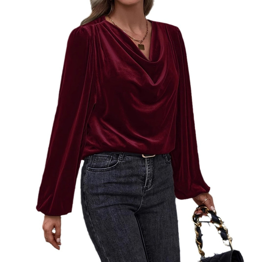 Damen elegante Bluse mit Wasserfall-Ausschnitt und langen Ärmeln Sovae