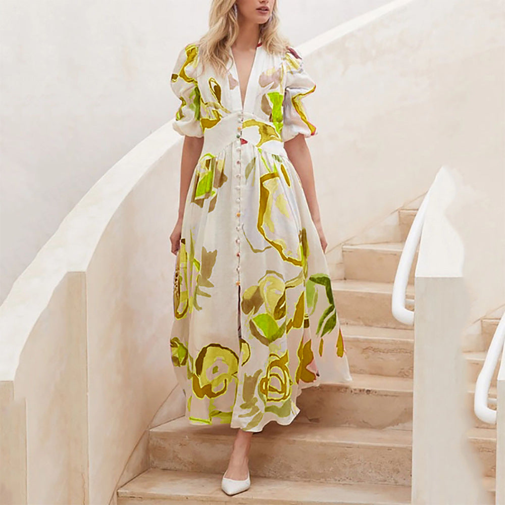 Damen Maxikleid mit voluminösen Ärmeln und floralem Muster Sovae