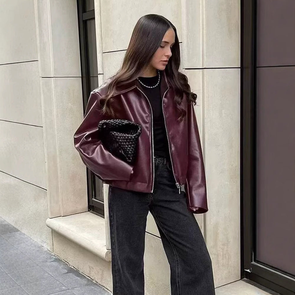Damen modische Kunstlederjacke mit elastischem Bund Sovae