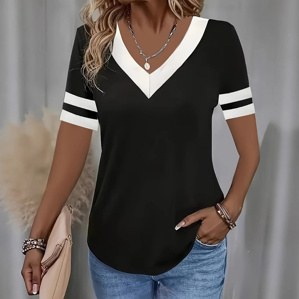 Damen Sportliches V-Ausschnitt T-Shirt mit Kontrastärmel Sovae