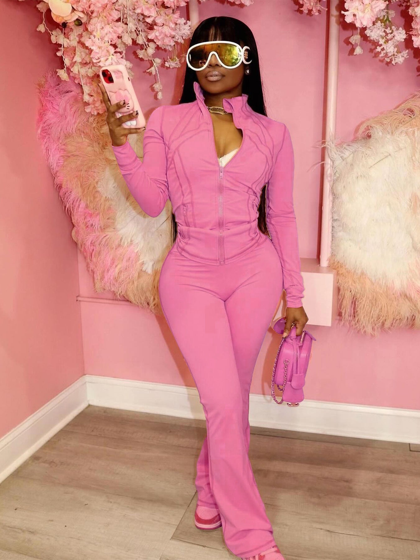 Damen trendiger Jumpsuit mit langem Arm und Reißverschluss Sovae