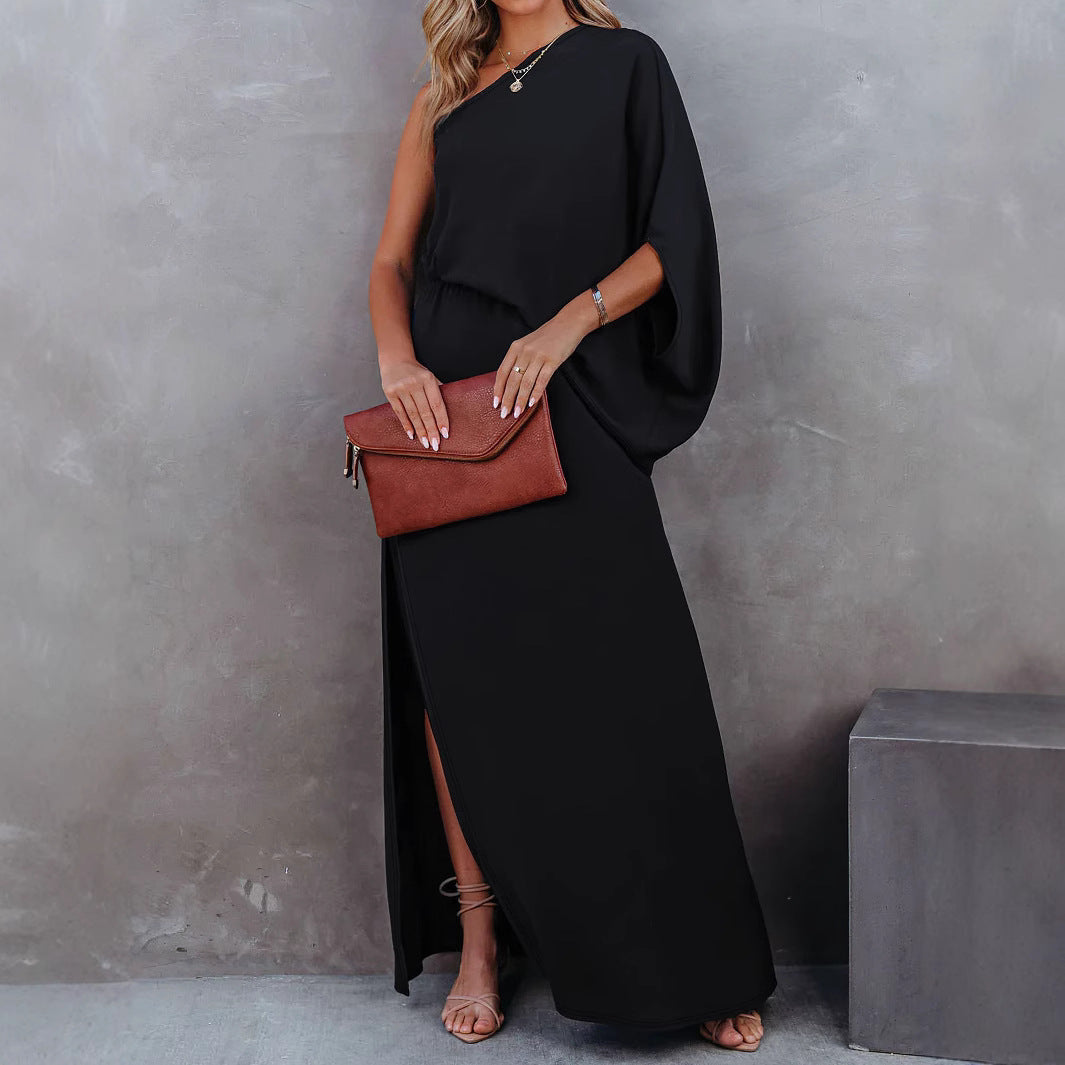 Damen elegantes Maxikleid mit asymmetrischem Schnitt und schulterfreiem Design Sovae