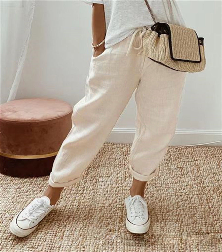 Damen bequeme Leinenhose mit elastischem Bund Sovae