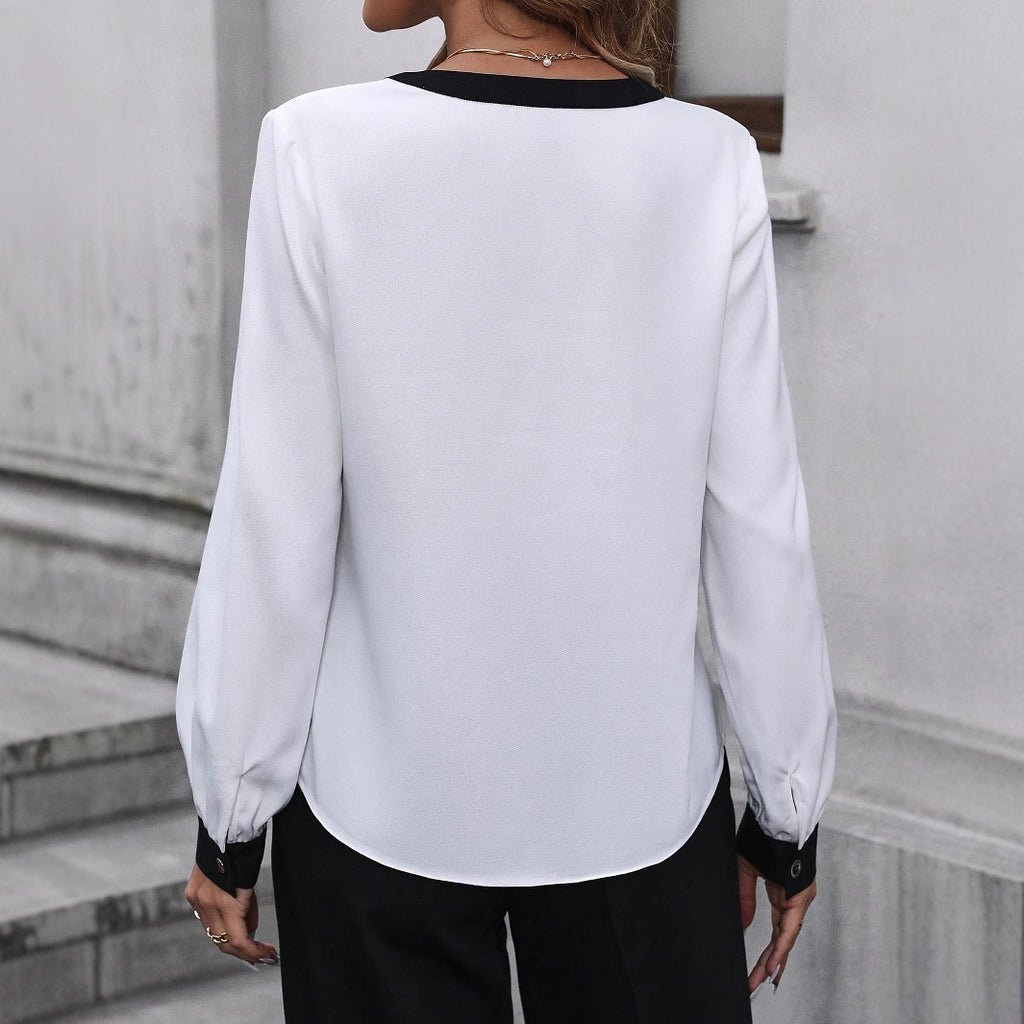 Damen Bluse mit eleganten Kontrastdetails und V-Ausschnitt Sovae