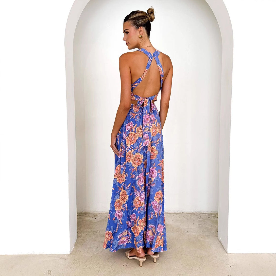 Damen luftiges Maxikleid mit floralem Spitzeneinsatz Sovae