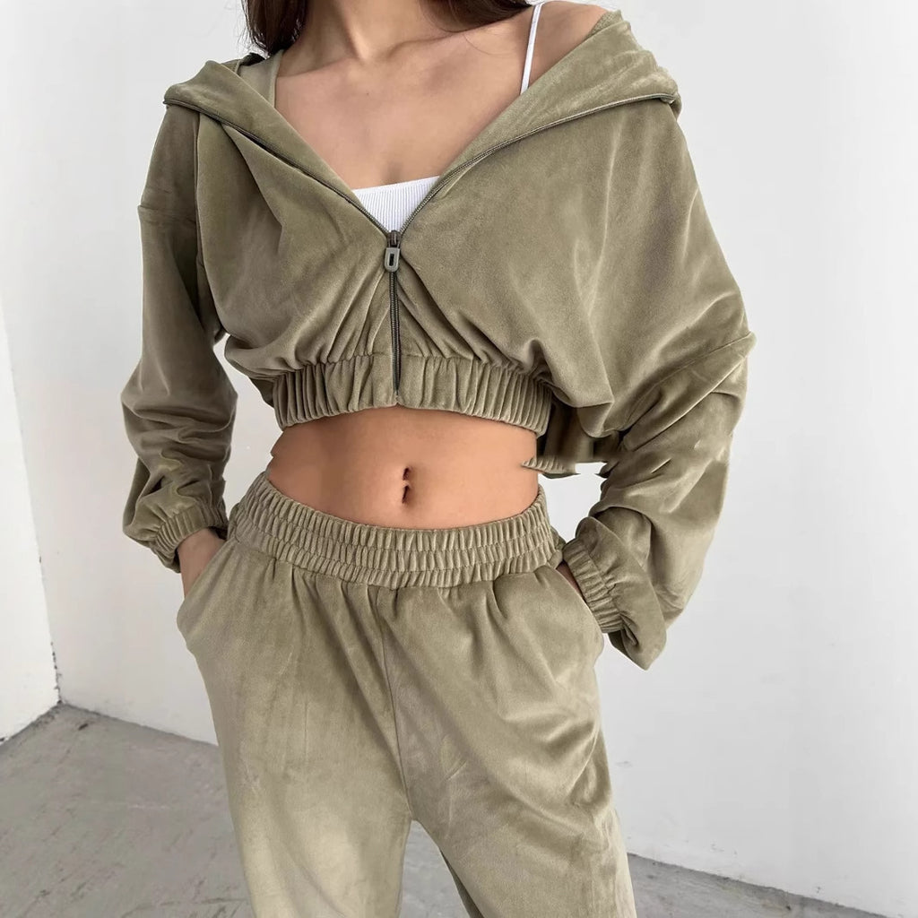 Damen sportlich-eleganter Fleece-Trainingsanzug mit hoher Taille und Reißverschluss Sovae