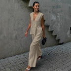 Damen eleganter und luftiger Hosenanzug mit tiefem V-Ausschnitt Sovae