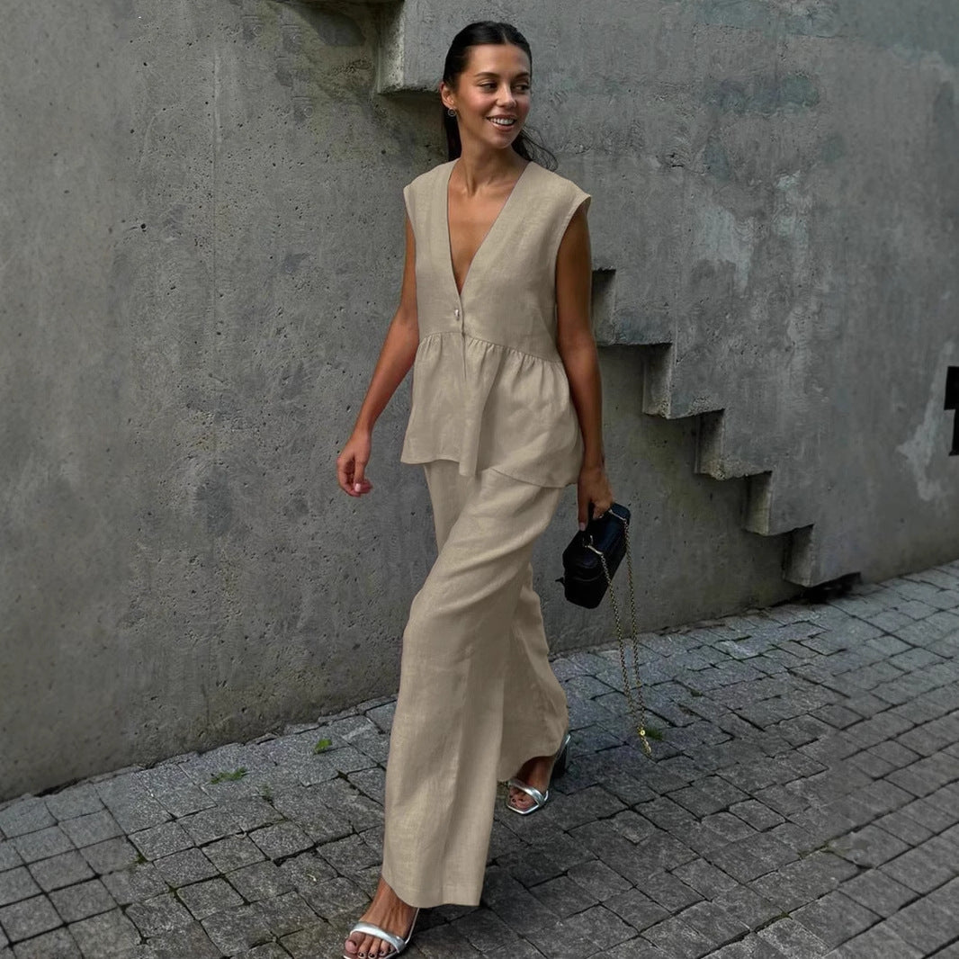 Damen eleganter und luftiger Hosenanzug mit tiefem V-Ausschnitt Sovae