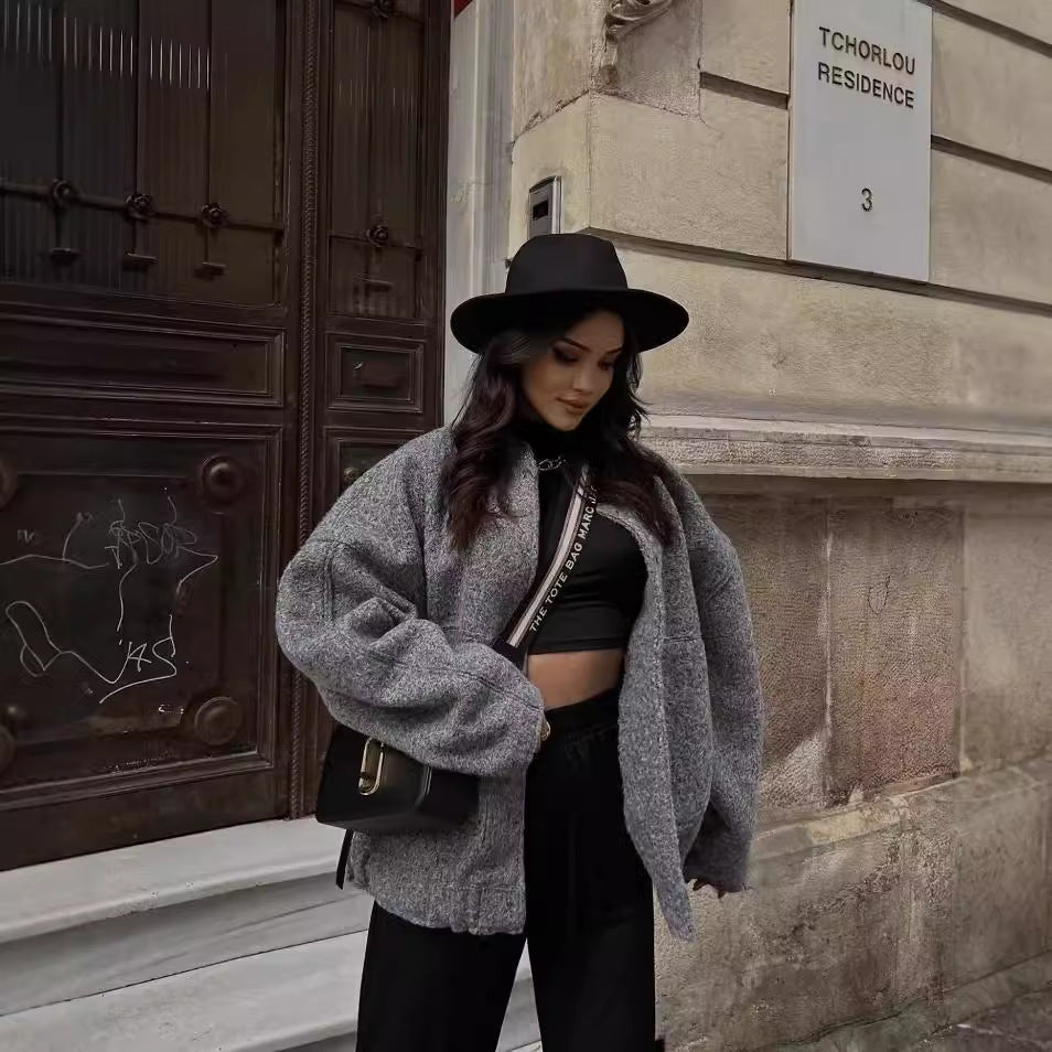Damen modische Oversized-Jacke mit Stehkragen und seitlichen Taschen Sovae