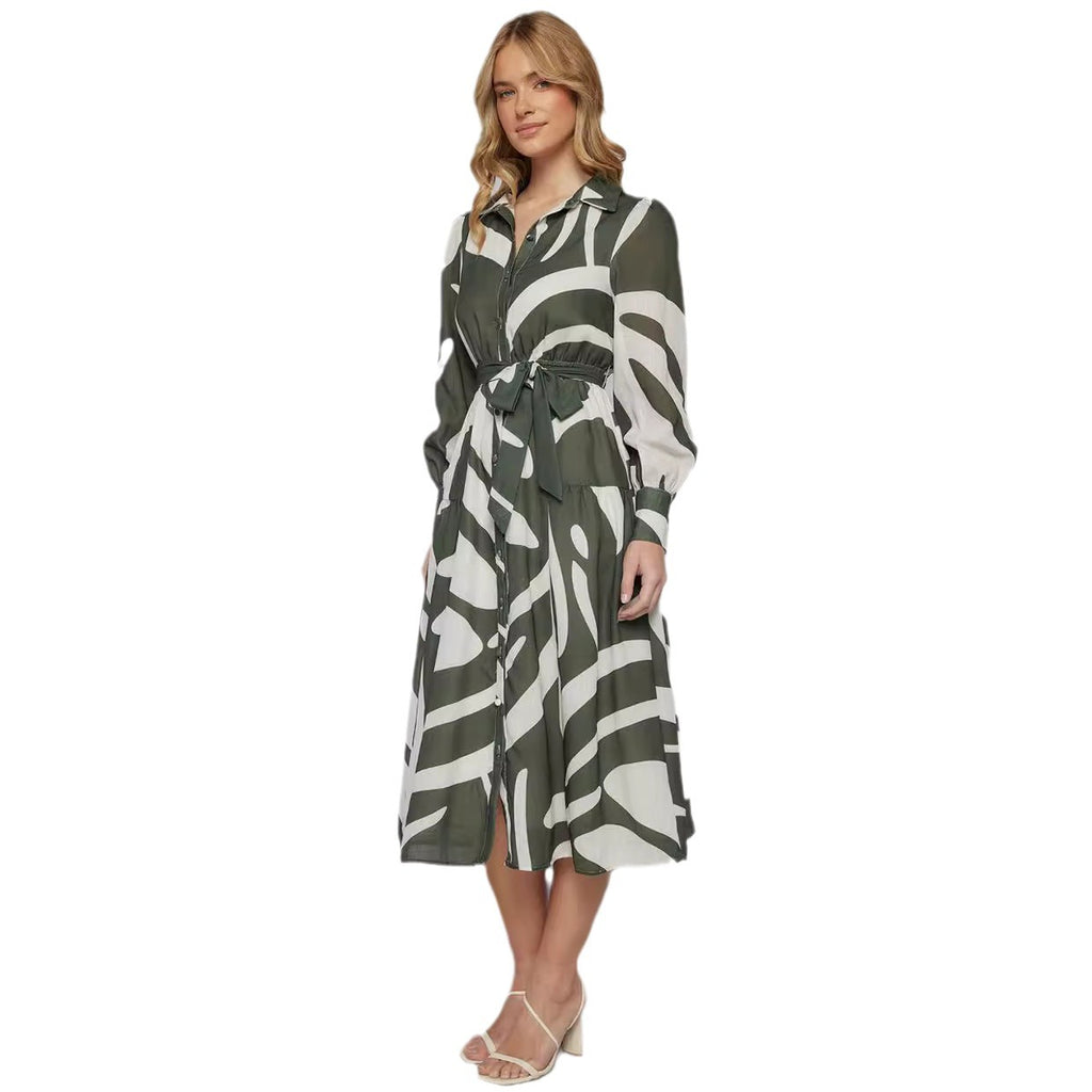Damen Midi-Kleid mit tailliertem Gürtel und modernem Muster Sovae