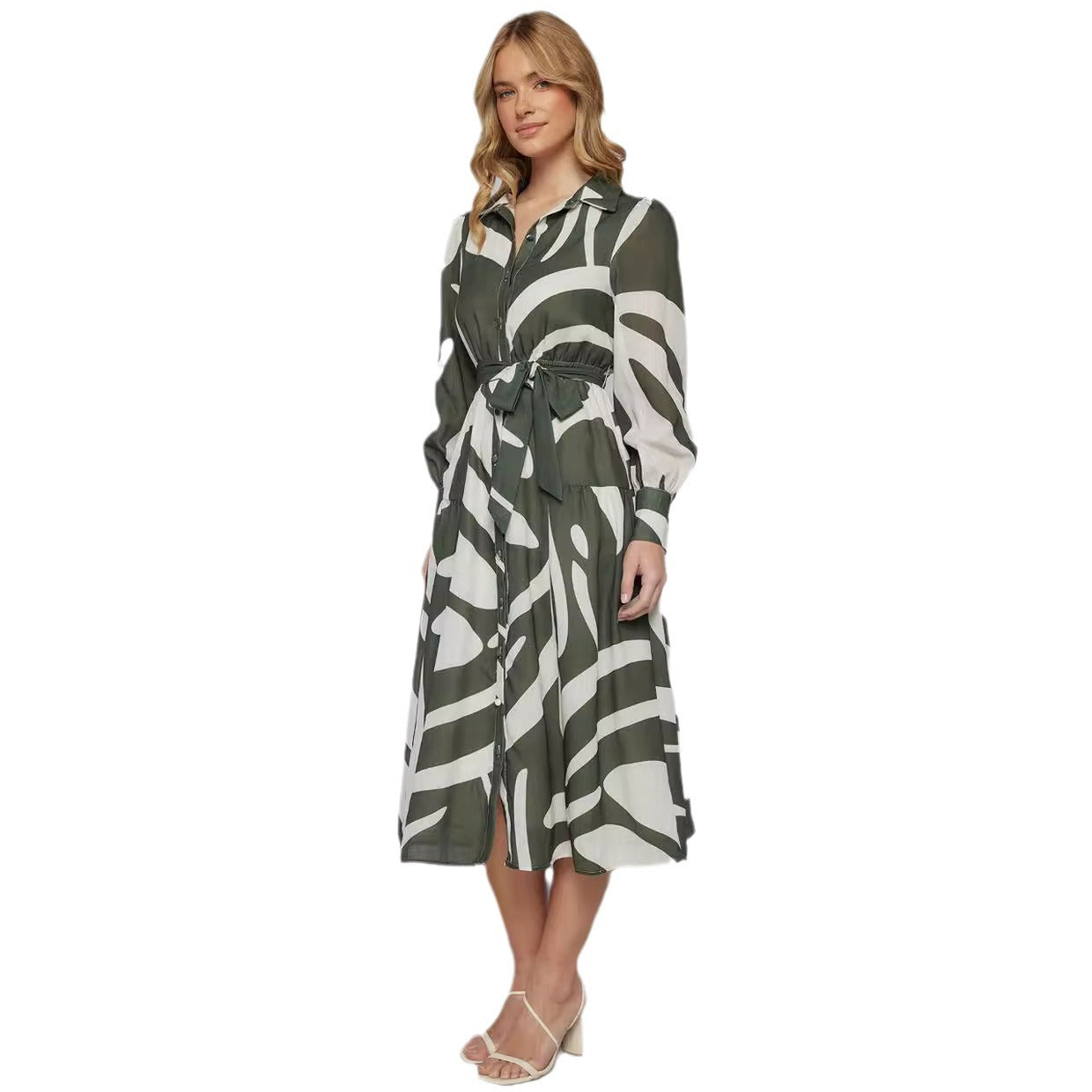 Damen Midi-Kleid mit tailliertem Gürtel und modernem Muster Sovae
