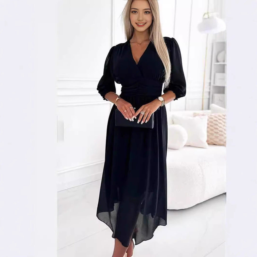 Damen Midikleid mit raffiniertem V-Ausschnitt und Puffärmeln Sovae