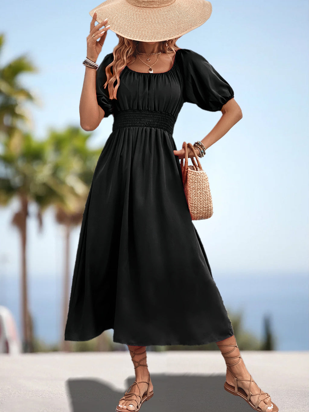 Damen Off-Shoulder Midi-Kleid mit elastischem Bund und voluminösen Ärmeln Sovae