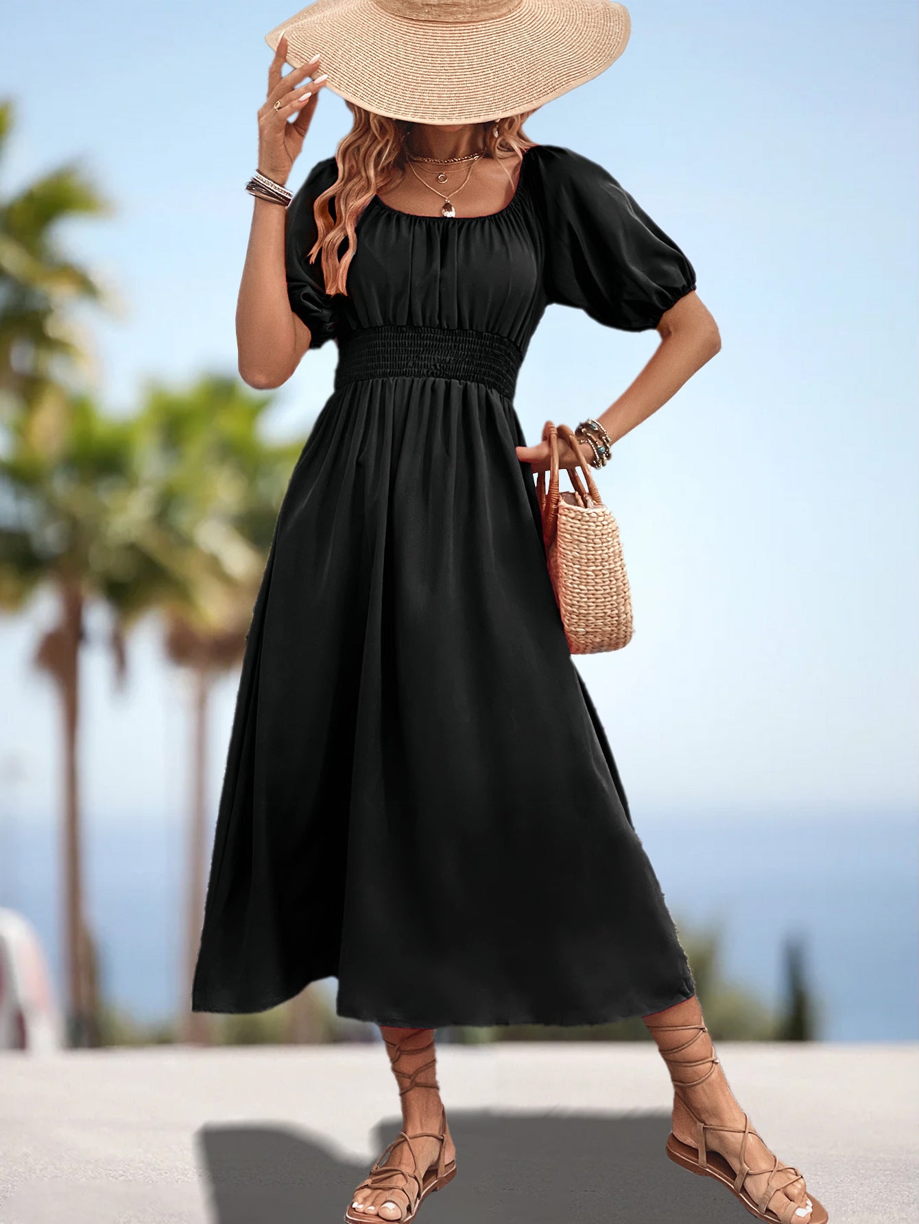 Damen Off-Shoulder Midi-Kleid mit elastischem Bund und voluminösen Ärmeln Sovae