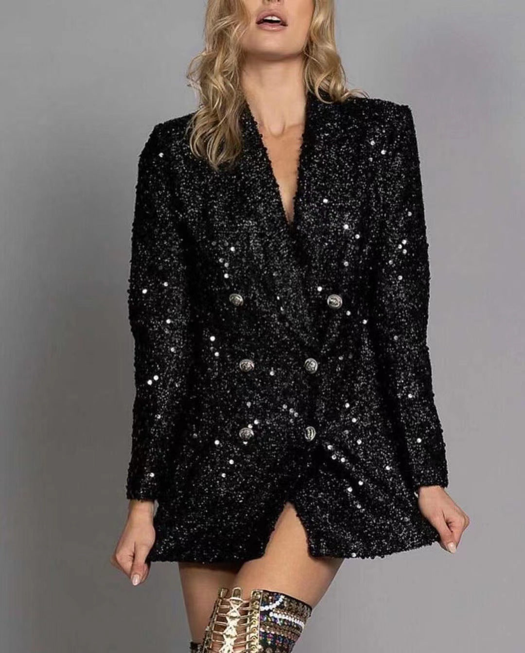 Damen Glitzernder Blazer mit doppelt geknöpftem Design Sovae