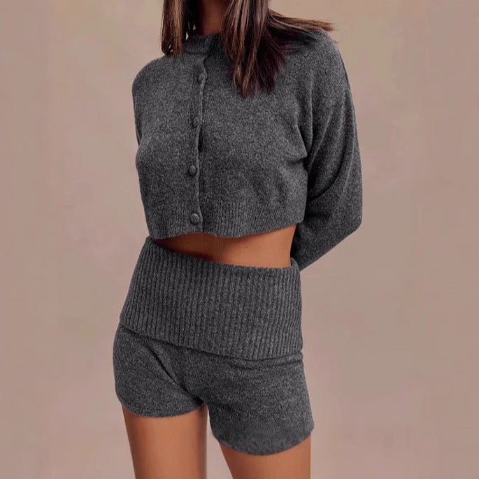 Damen Kurzer Strickpullover mit Rundhalsausschnitt und Knopfverschluss Sovae